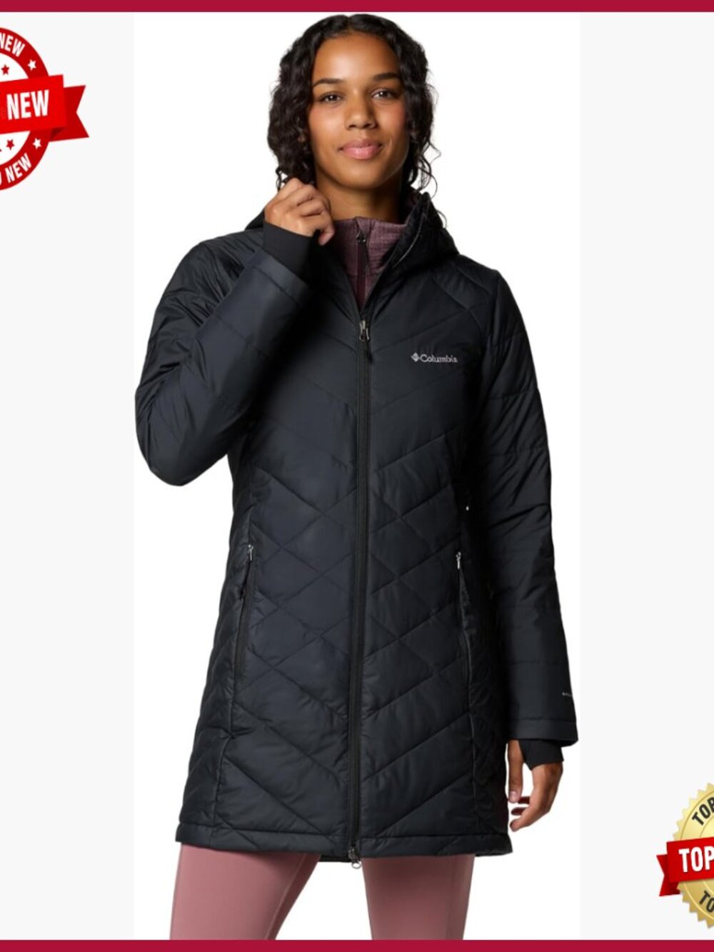 Long Hooded Down Jacket With Omni-Heat, Thumb Holes, Water Resistant
